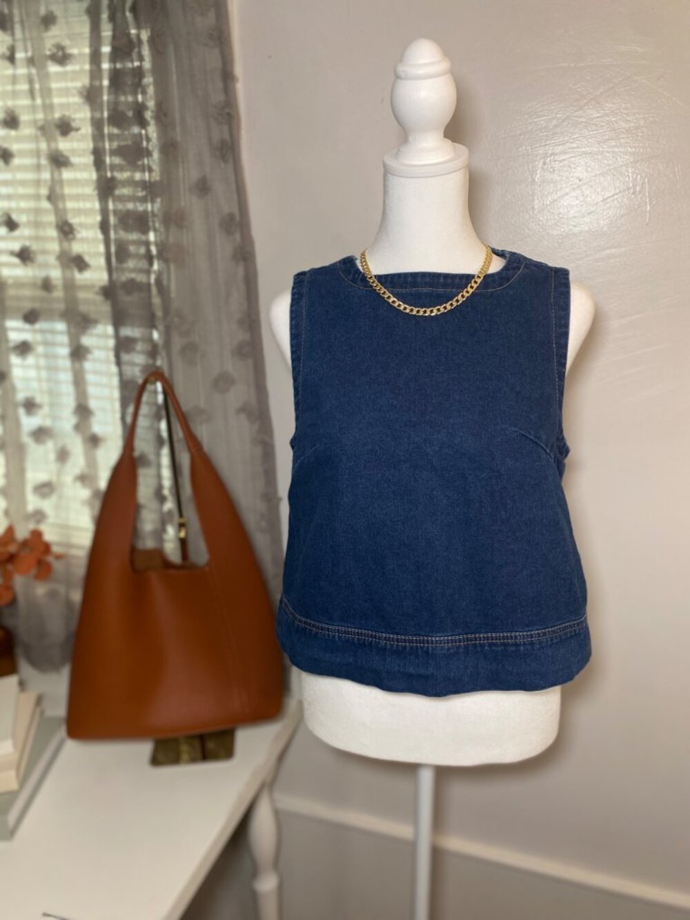 Denim Sleeveless Crop Top Small Snap Back Chambray Tank Minimalist